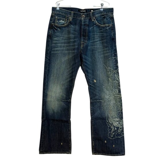 Ed Hardy by Christian Audigier Men's Dragon Embroidered Jeans Distressed Blue Si - Picture 11 of 11
